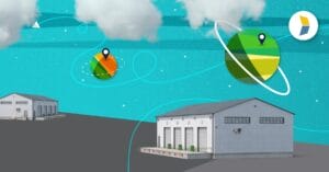 image of two distribution centers with a space background