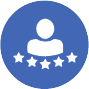 icon of person with 5 stars underneath, representing top reviews