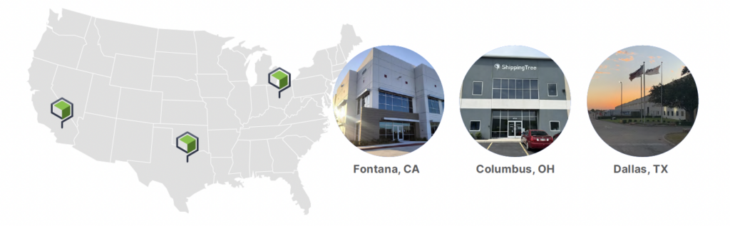 map of us and fontana california, columbus ohio, and dallas texas locations