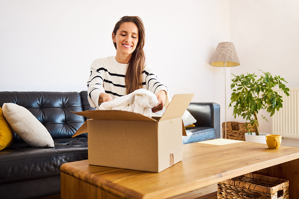 Woman packing clothes to cardboard box. Reselling online