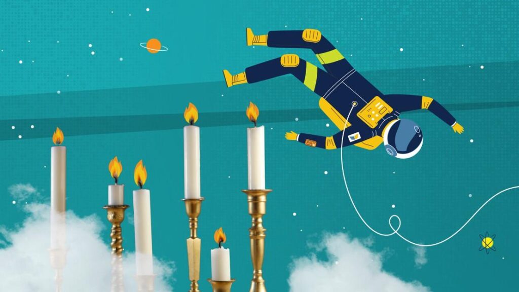 kase astronaut tumbling over lit candles