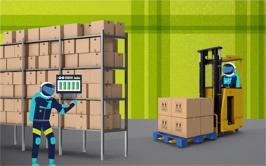 Hi low driver moving boxes in an ecommerce order fulfillment warehouse
