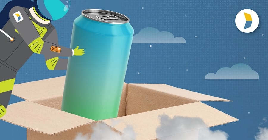 kase astronaut packing a beverage can into a fulfillment box