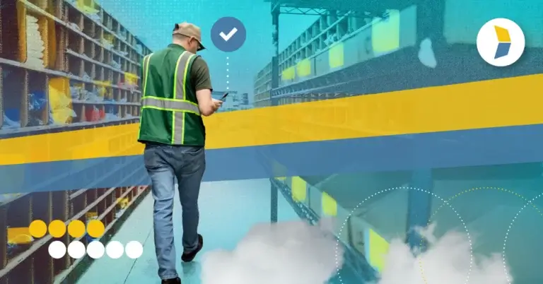customer support warehouse associate walking down an aisle of ecommerce product
