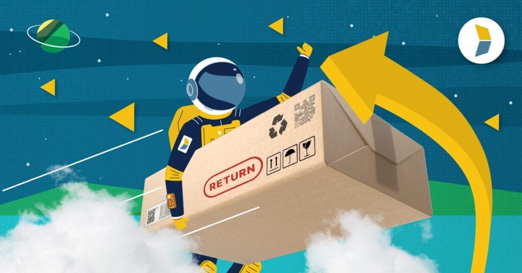 Kase astronaut holding an ecommerce returns package