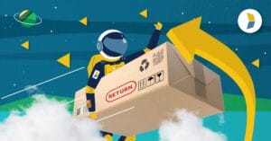 Kase astronaut holding an ecommerce returns package