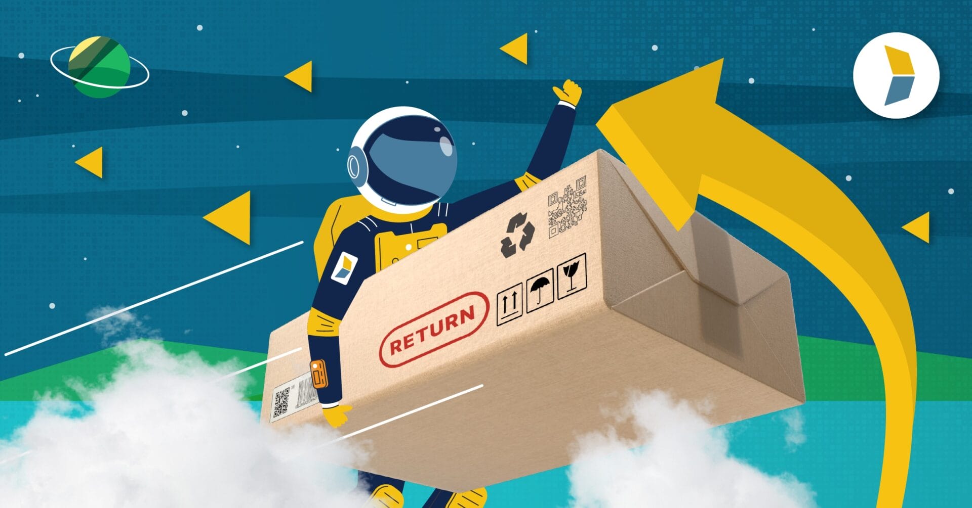 Kase astronaut holding an ecommerce returns package