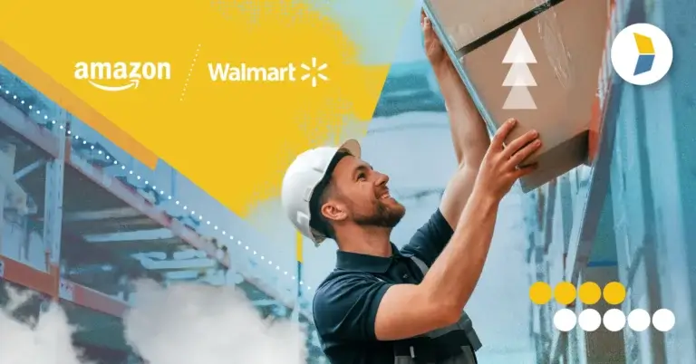 man in warehouse with hardhat placing box on shelf and Amazon and Walmart logos, representing marketplace fulfillment and how to master them