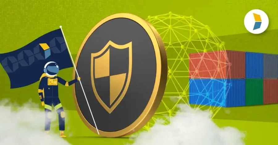 astronaut with flag standing alongside cybersecurity seal and containers, representing the importance of cybersecurity in the supply chain