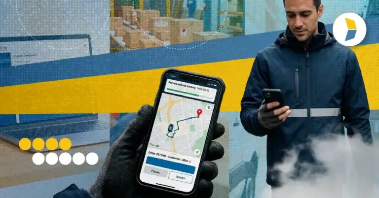 Man holding phone and packages and cell phone with tracking map on it, representing the importance of real-time tracking.