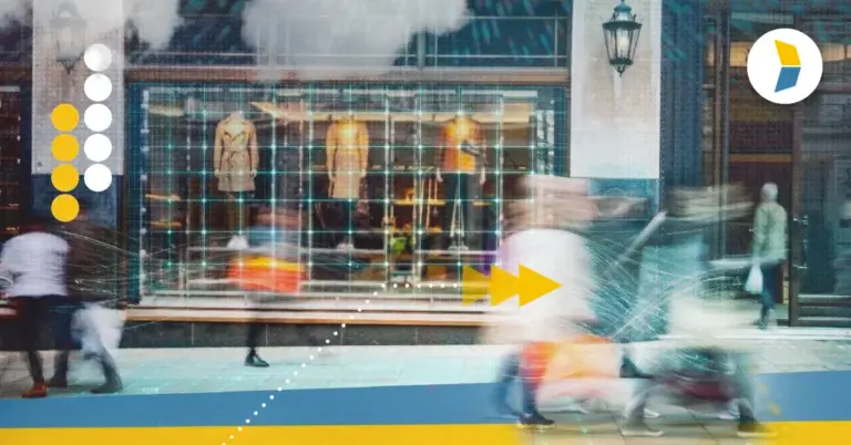 Shoppers and retail store with graphic arrows, representing how ecommerce EDI connects multiple channels and omnichannel fulfillment