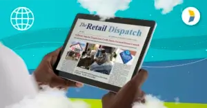 Hands holding tablet with The Retail Dispatch of Kase Fulfillment's bi-weekly news roundup.