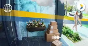 Packages on porch and people walking past, representing the risk of porch piracy