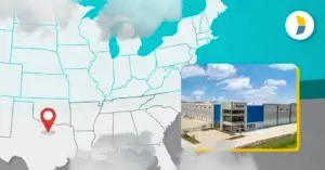 Image the Kase Sunnyvale facility and of the US with a pin in Dallas, representing the advantages of a Dallas fulfillment center location.