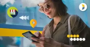 Woman browsing her phone with marketplace symbol, representing marketplace algorithms role in search and conversion