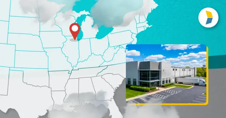 Image of U.S. with pinpoint of Chicago and Kase's Sauk Village fulfillment center, representing the value of 3PL logistics Chicago.